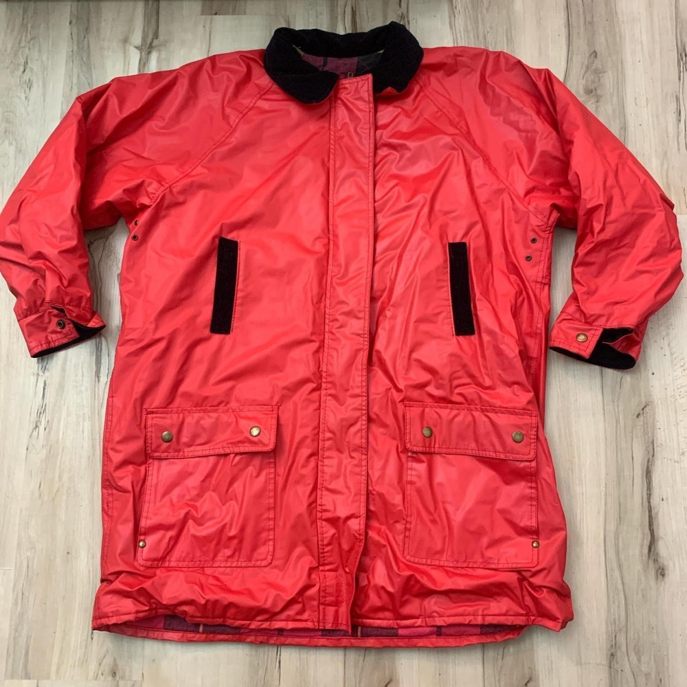 Misty Harbor Vintage 90s Red Raincoat Plaid Lined Black Collar Jacket Large
